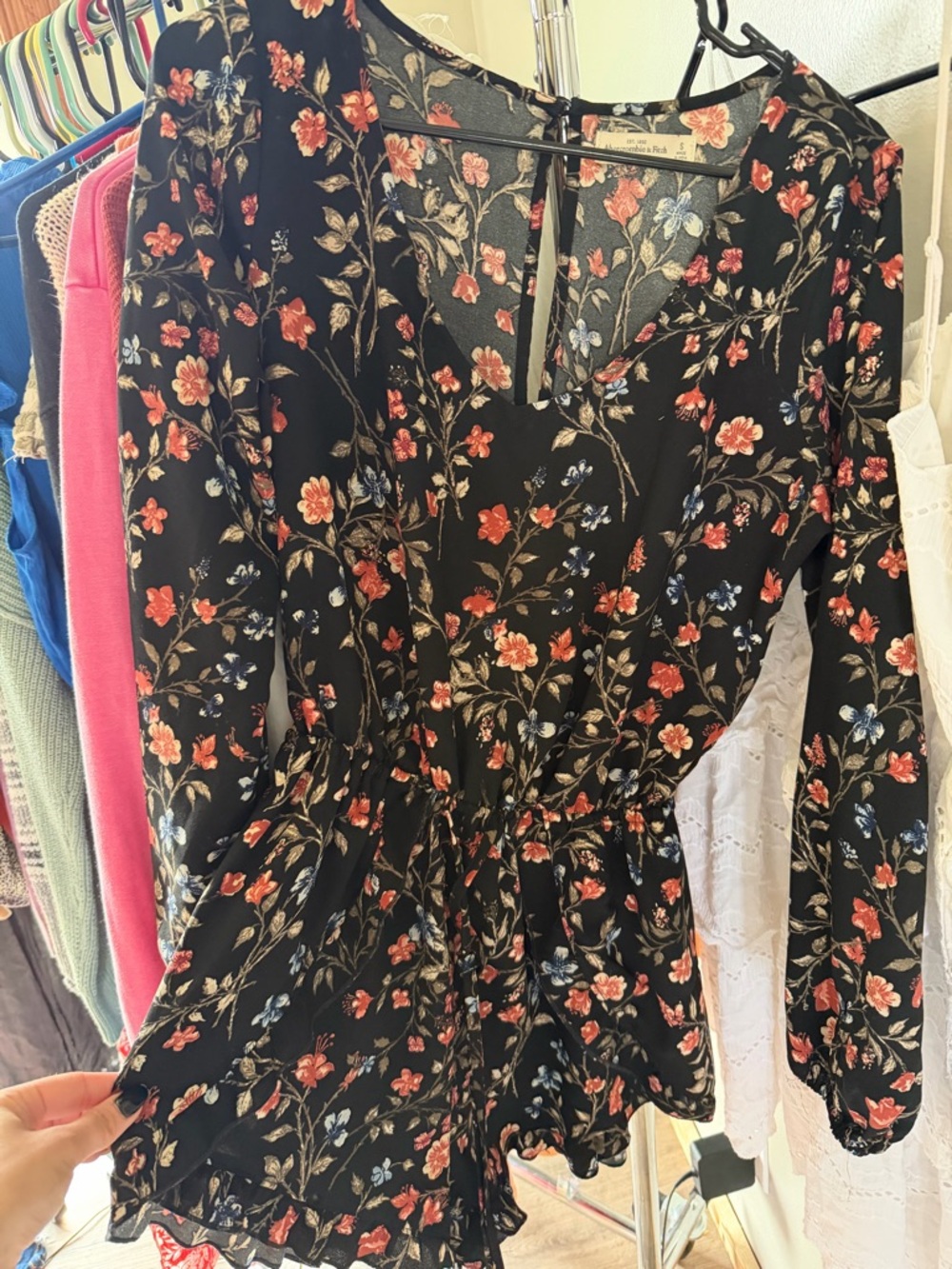 Abercrombie & Fitch Black Floral Long-Sleeve Romper
